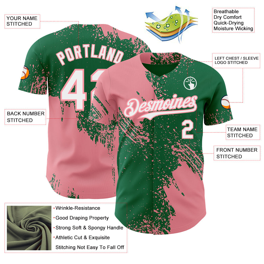 Custom Kelly Green White-Medium Pink Abstract Brush Stroke Authentic Baseball Jersey