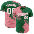 Custom Kelly Green White-Medium Pink Abstract Brush Stroke Authentic Baseball Jersey