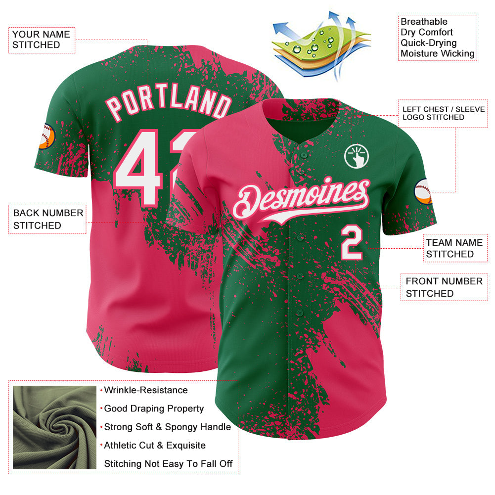 Custom Kelly Green White-Neon Pink Abstract Brush Stroke Authentic Baseball Jersey