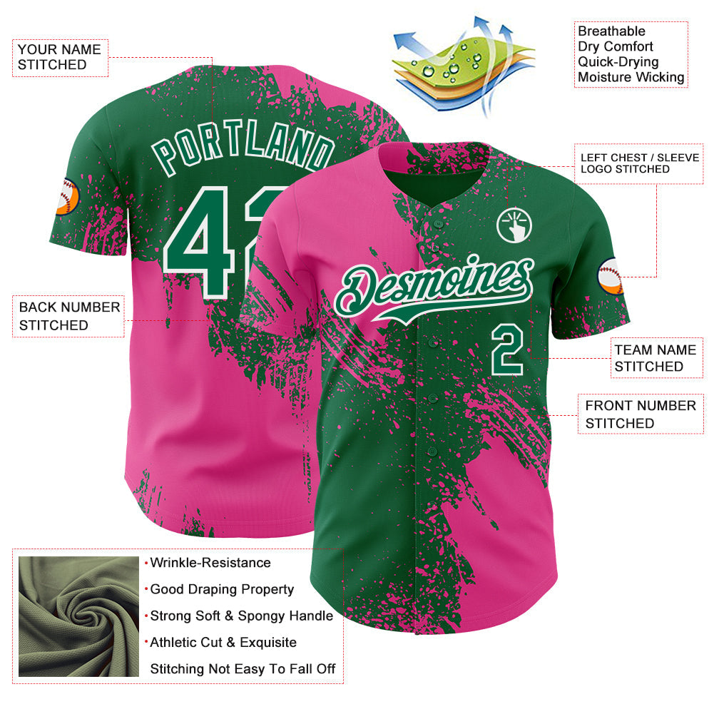 Custom Kelly Green Pink-White Abstract Brush Stroke Authentic Baseball Jersey