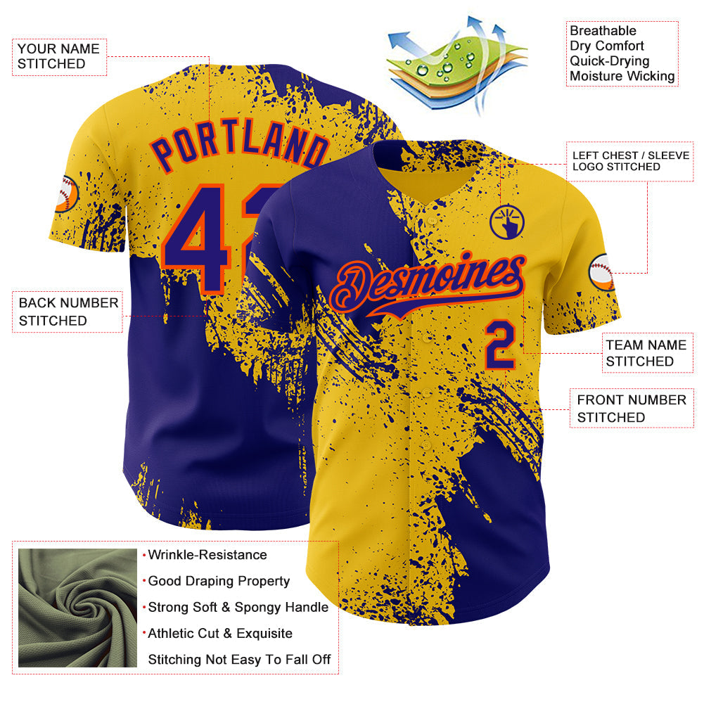 Custom Yellow Dark Purple-Orange Abstract Brush Stroke Authentic Baseball Jersey