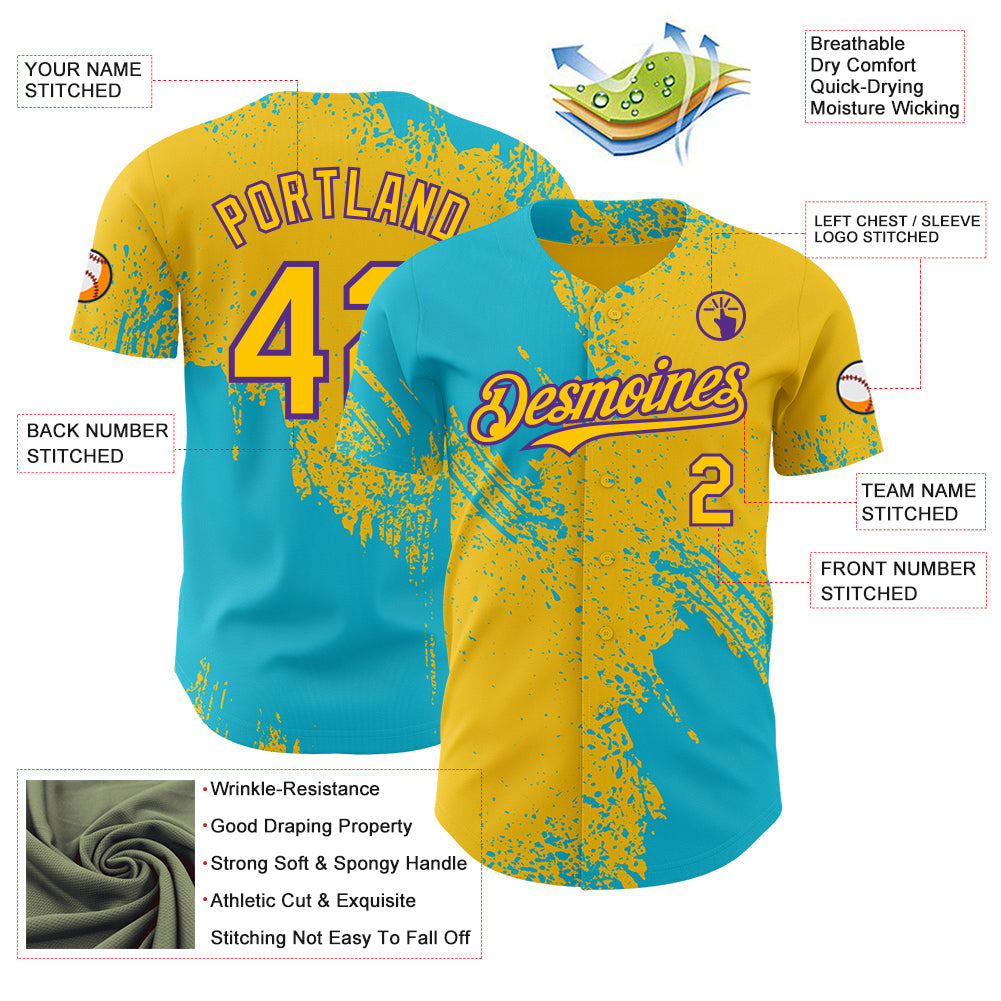 Custom Yellow Lakes Blue-Purple Abstract Brush Stroke Authentic Baseball Jersey