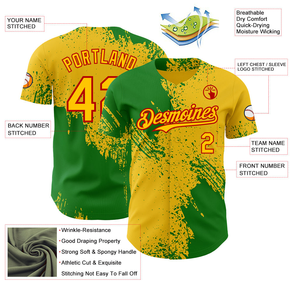 Custom Yellow Grass Green-Red Abstract Brush Stroke Authentic Baseball Jersey