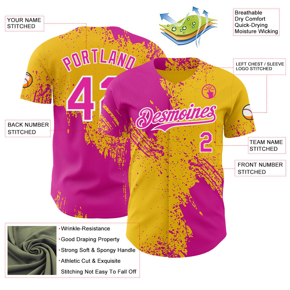 Custom Yellow Deep Pink-White Abstract Brush Stroke Authentic Baseball Jersey