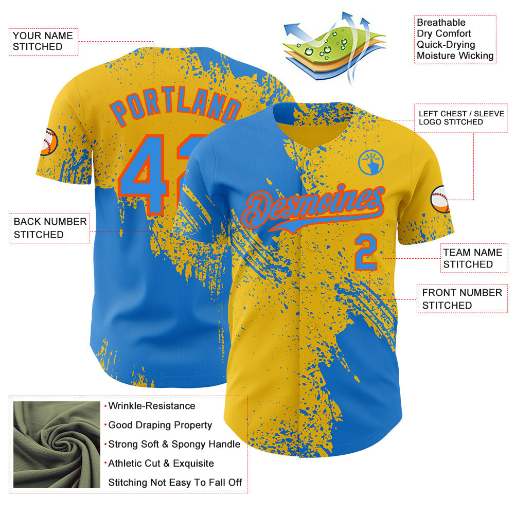 Custom Yellow Electric Blue-Orange Abstract Brush Stroke Authentic Baseball Jersey