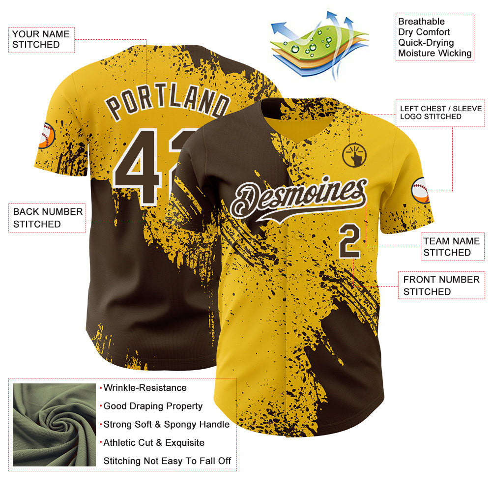 Custom Yellow Brown-White Abstract Brush Stroke Authentic Baseball Jersey