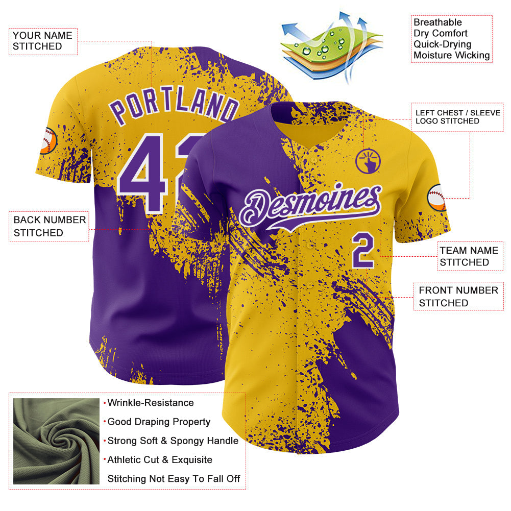 Custom Yellow Purple-White Abstract Brush Stroke Authentic Baseball Jersey
