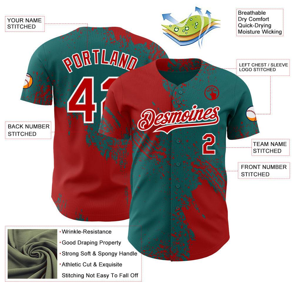 Custom Teal Red-White Abstract Brush Stroke Authentic Baseball Jersey