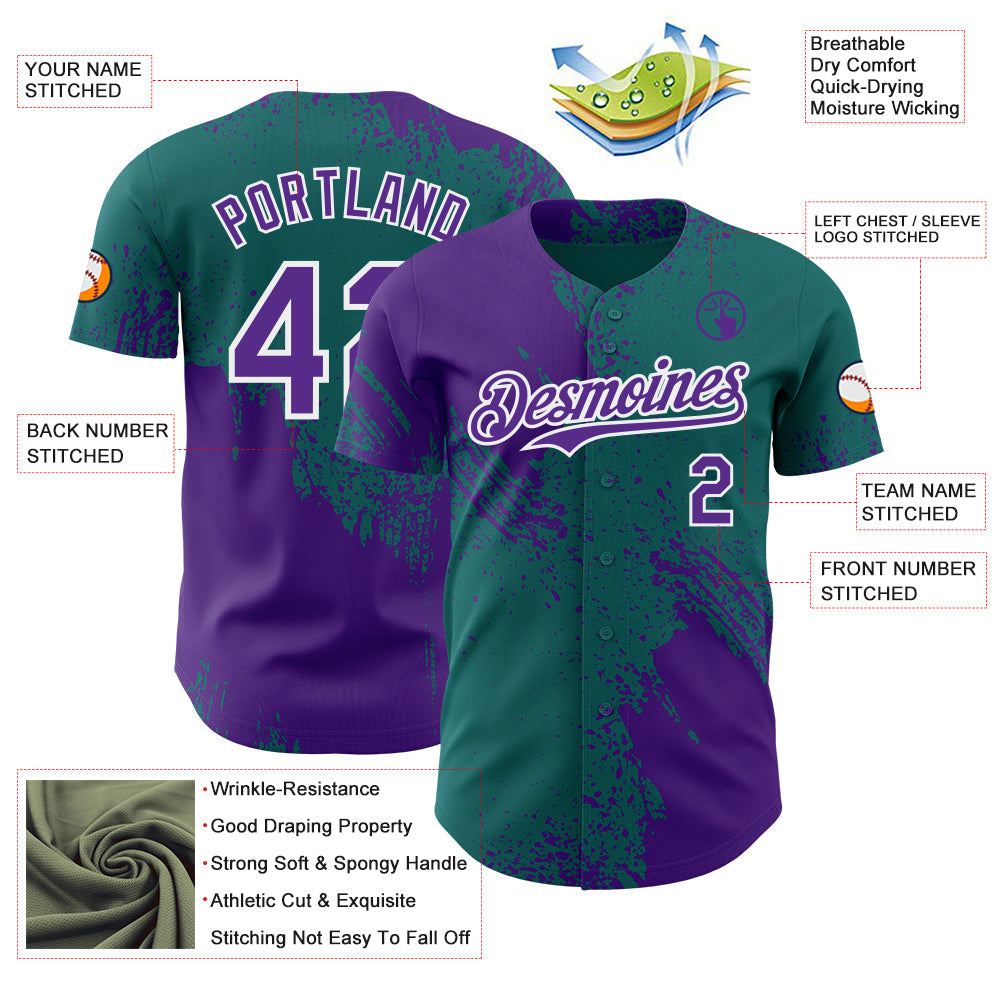 Custom Teal Purple-White Abstract Brush Stroke Authentic Baseball Jersey