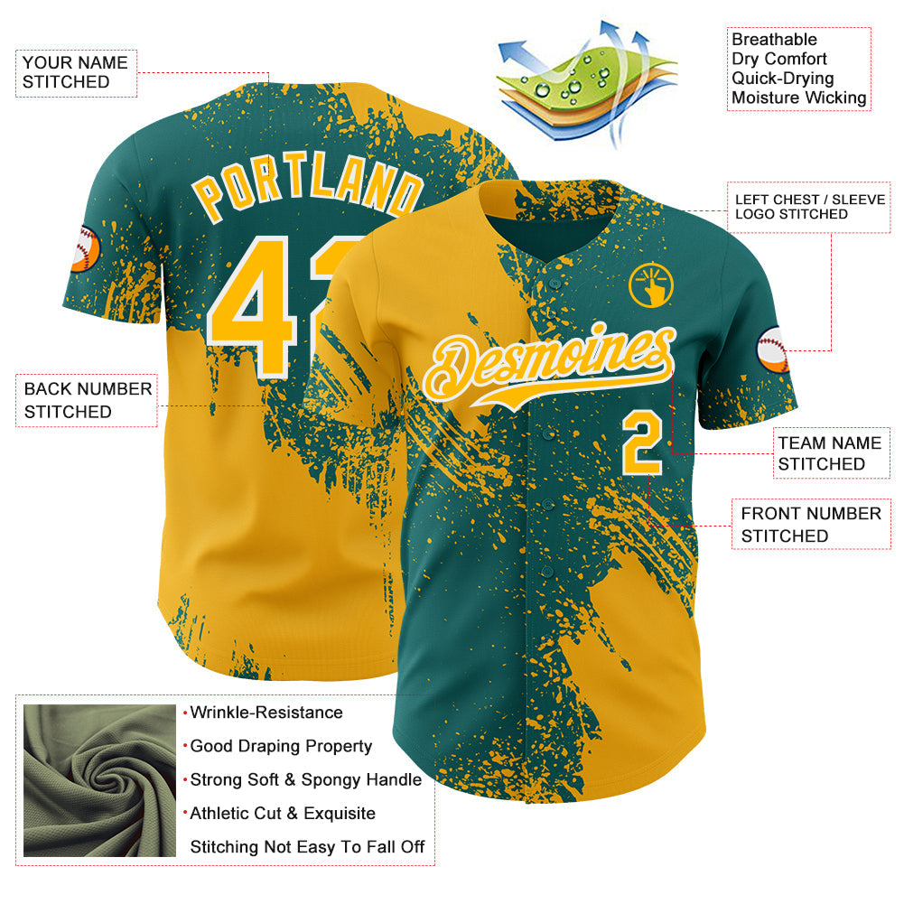Custom Teal Gold-White Abstract Brush Stroke Authentic Baseball Jersey