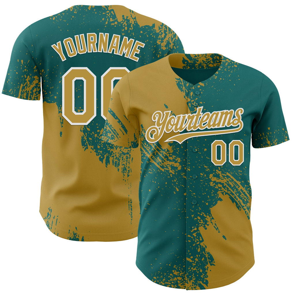 Custom Teal Old Gold-White Abstract Brush Stroke Authentic Baseball Jersey