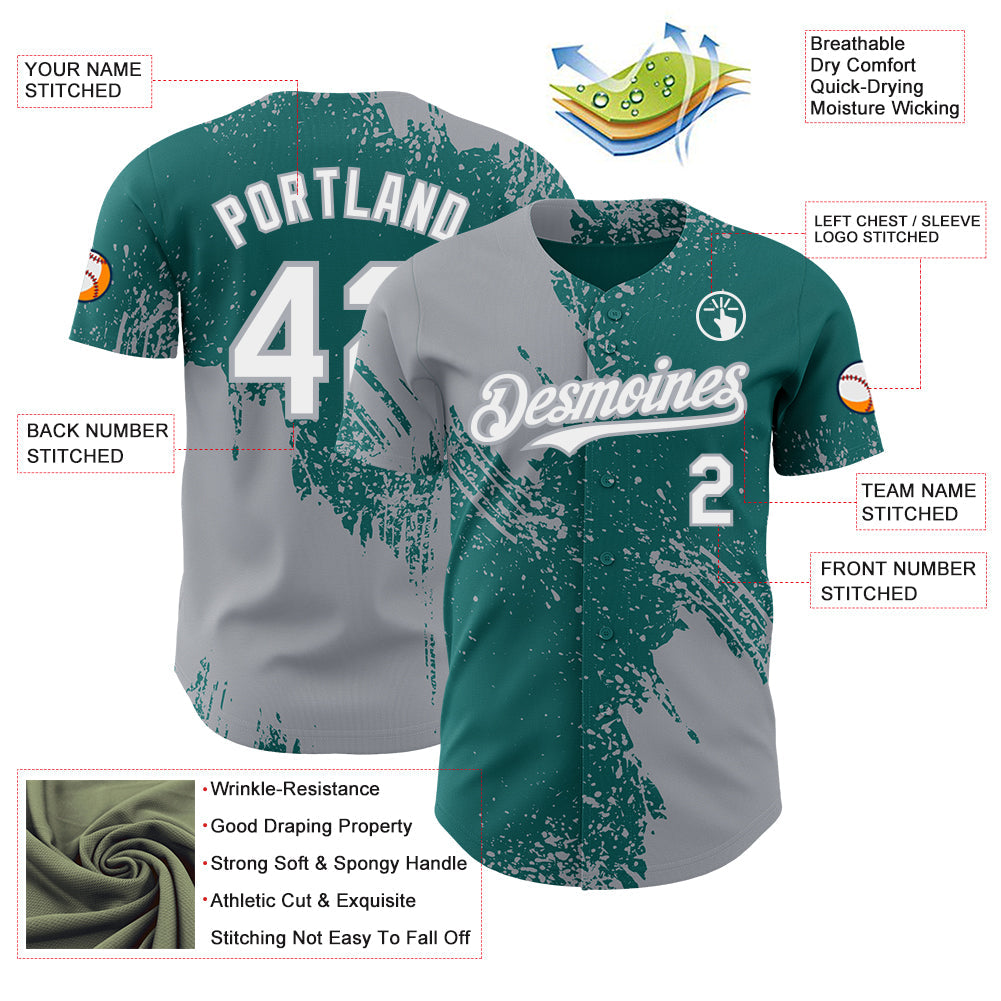 Custom Teal White-Gray Abstract Brush Stroke Authentic Baseball Jersey