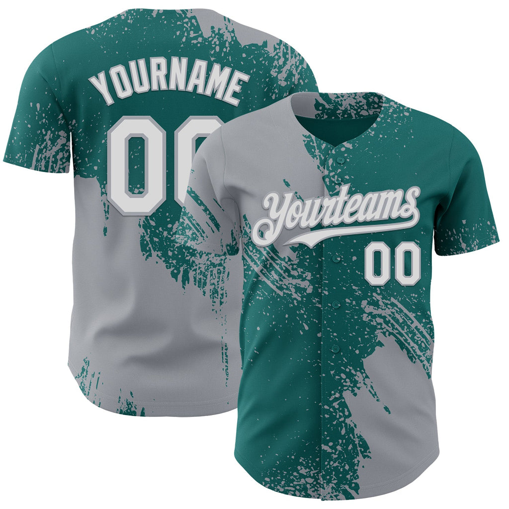 Custom Teal White-Gray Abstract Brush Stroke Authentic Baseball Jersey
