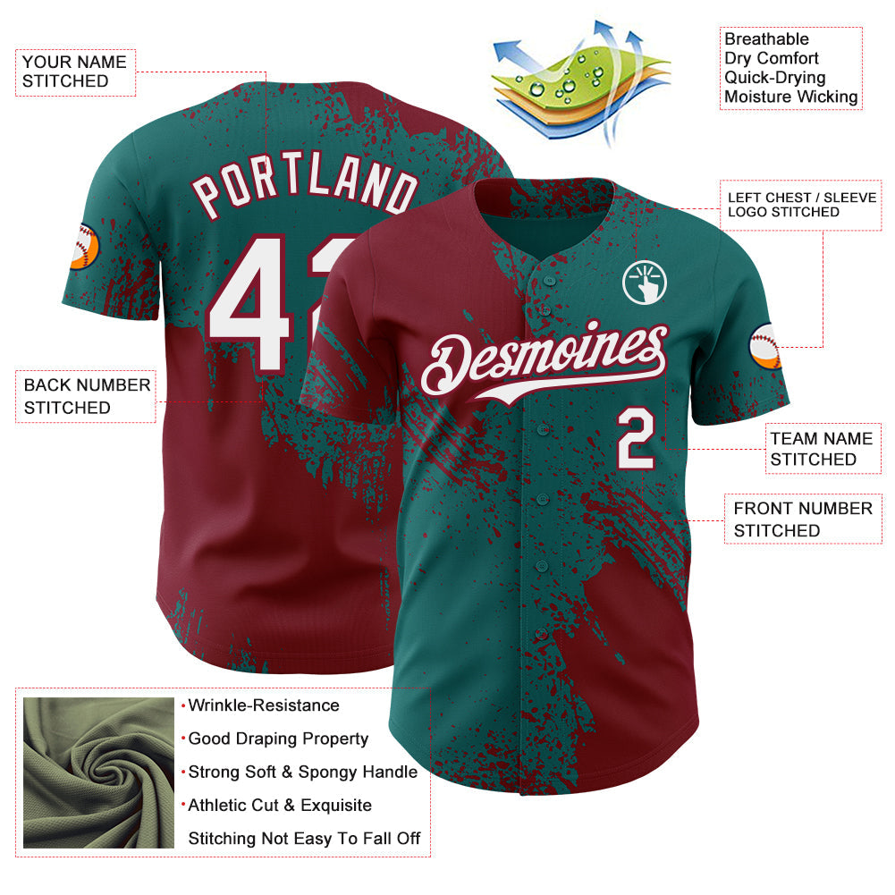 Custom Teal White-Crimson Abstract Brush Stroke Authentic Baseball Jersey