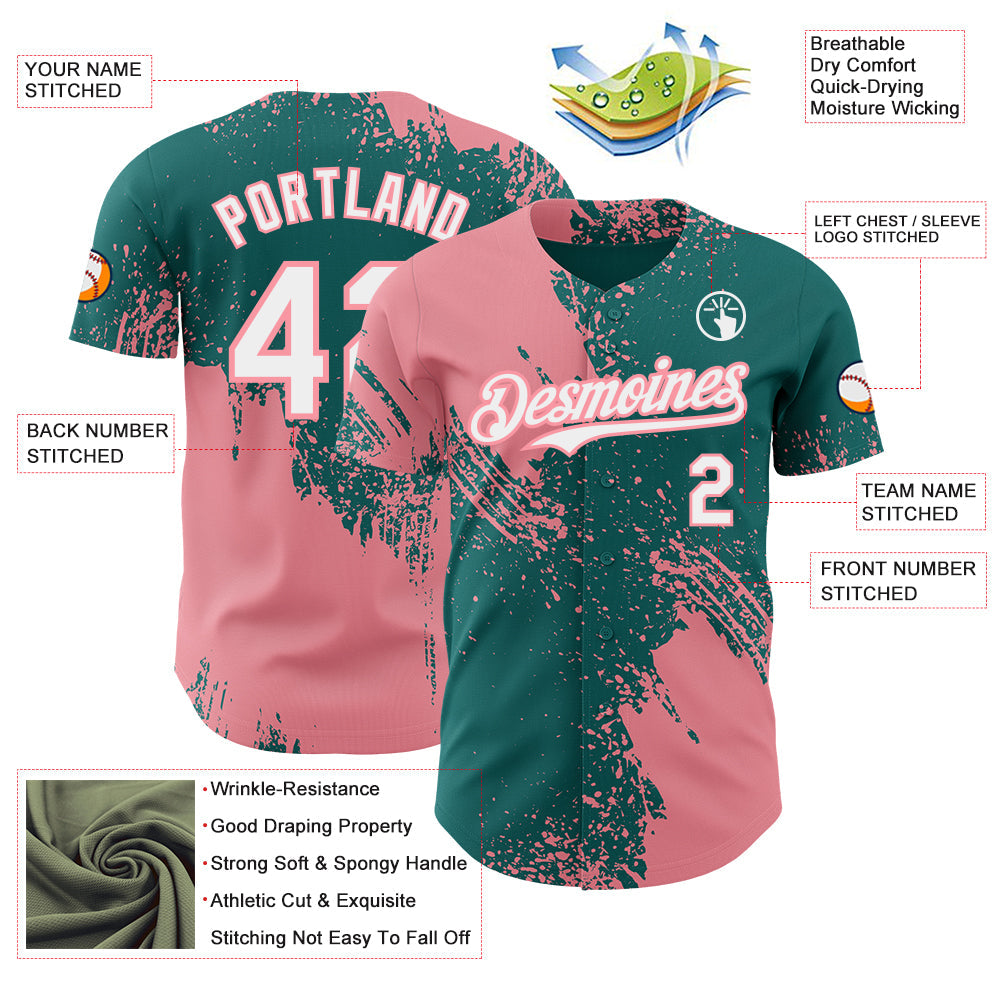 Custom Teal White-Medium Pink Abstract Brush Stroke Authentic Baseball Jersey