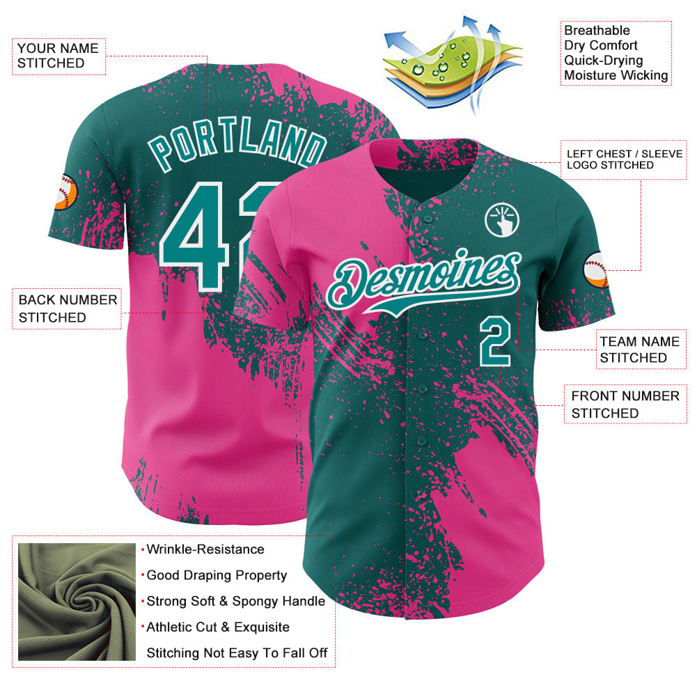 Custom Teal Pink-White Abstract Brush Stroke Authentic Baseball Jersey