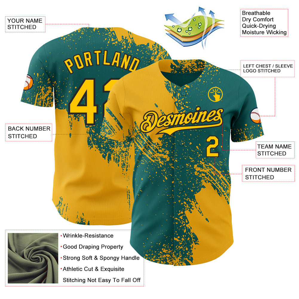 Custom Teal Yellow-Black Abstract Brush Stroke Authentic Baseball Jersey