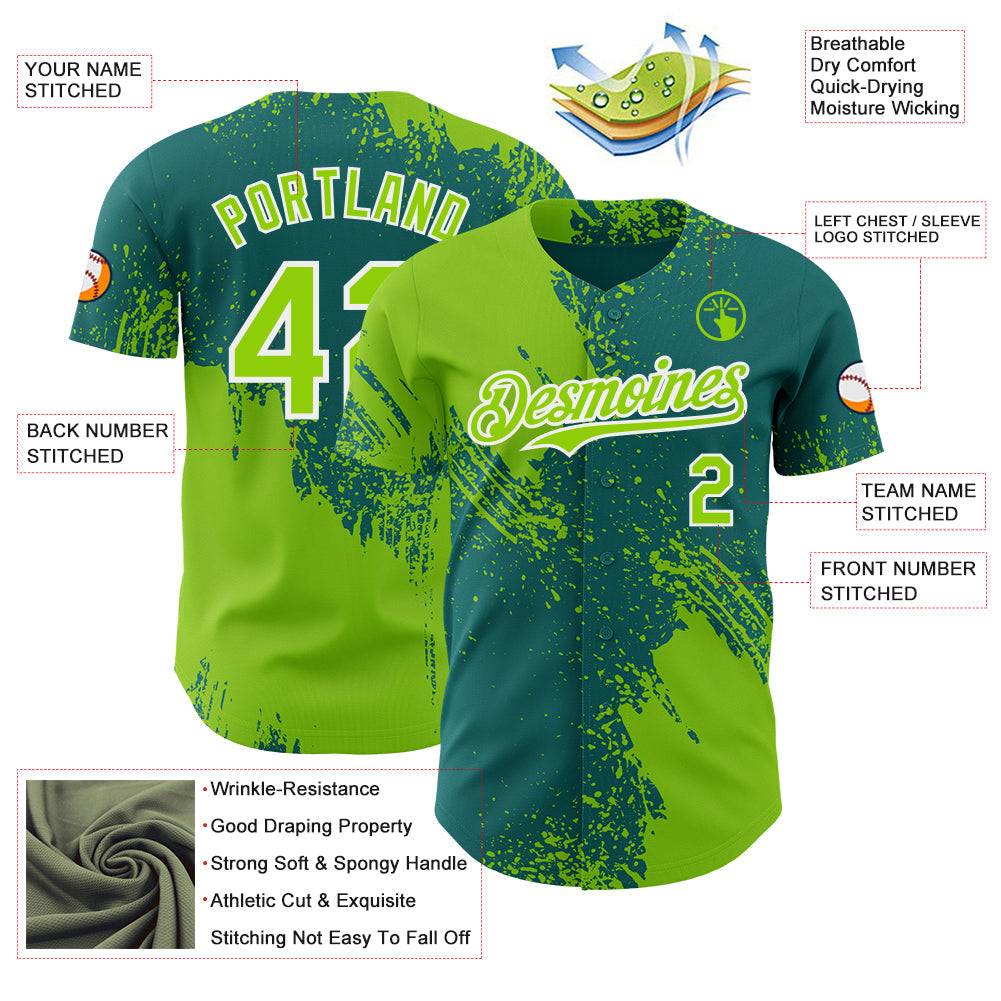 Custom Teal Neon Green-White Abstract Brush Stroke Authentic Baseball Jersey