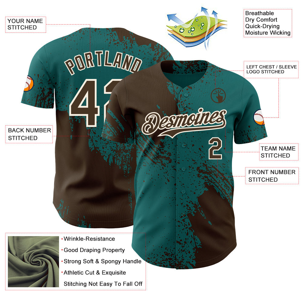 Custom Teal Brown-Cream Abstract Brush Stroke Authentic Baseball Jersey