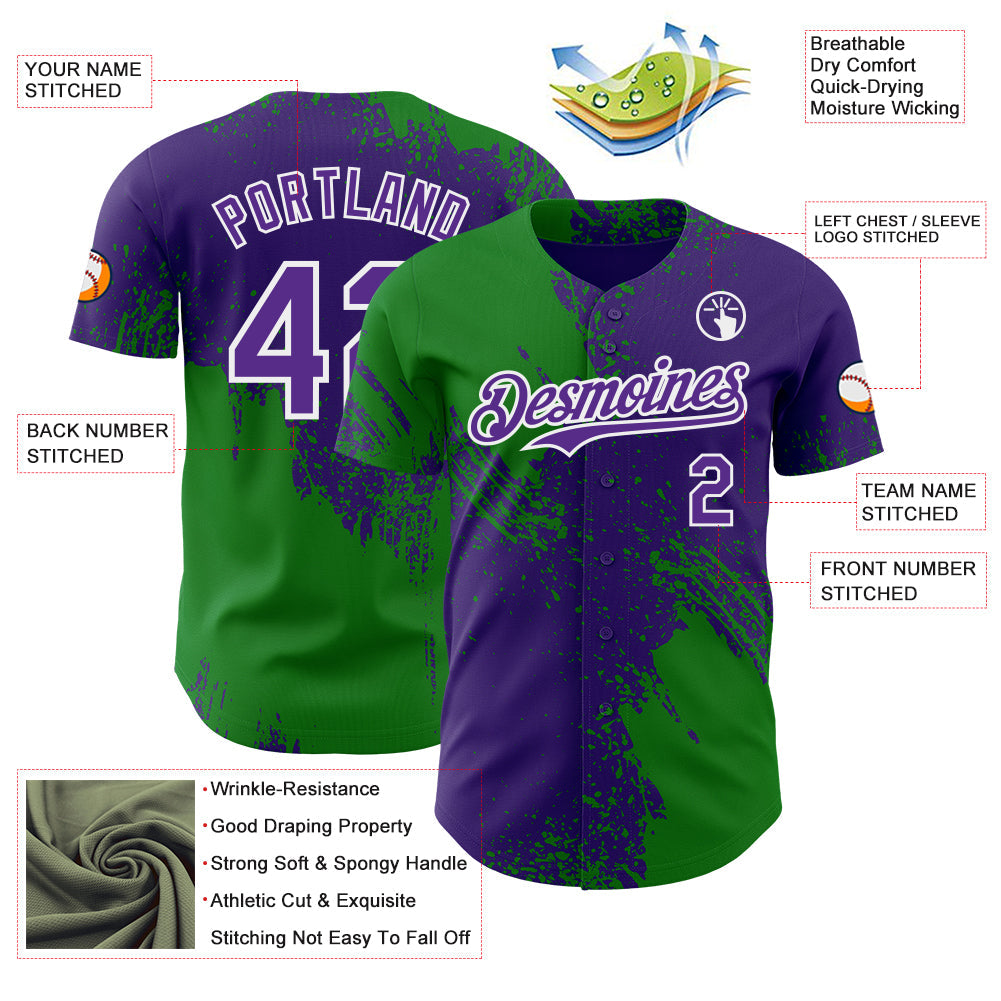 Custom Purple Grass Green-White Abstract Brush Stroke Authentic Baseball Jersey