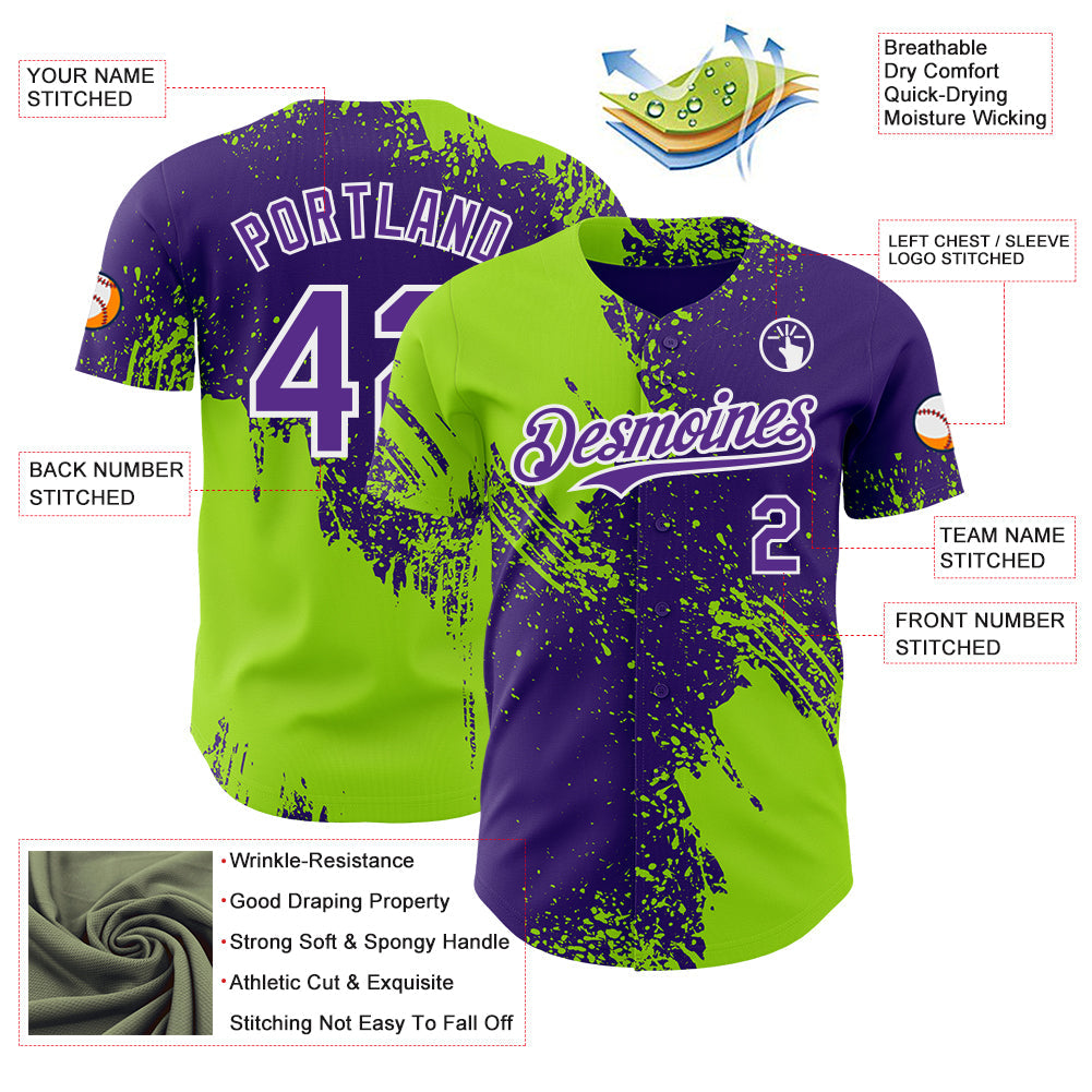 Custom Purple Neon Green-White Abstract Brush Stroke Authentic Baseball Jersey