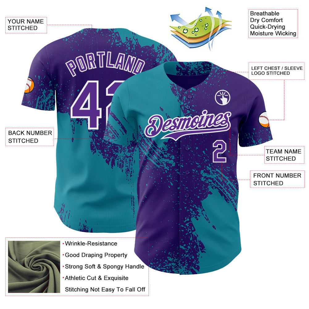 Custom Purple Teal-White Abstract Brush Stroke Authentic Baseball Jersey