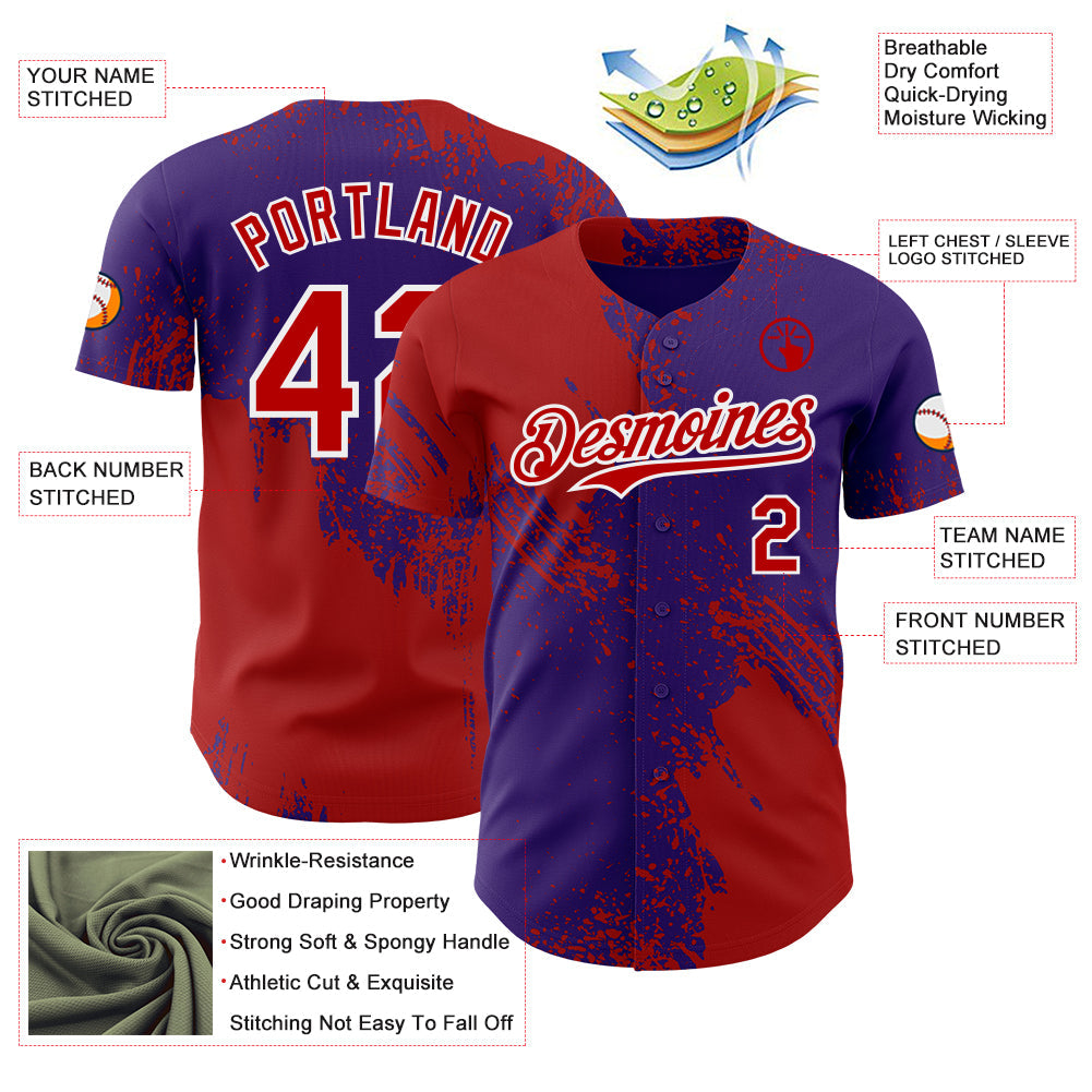 Custom Purple Red-White Abstract Brush Stroke Authentic Baseball Jersey