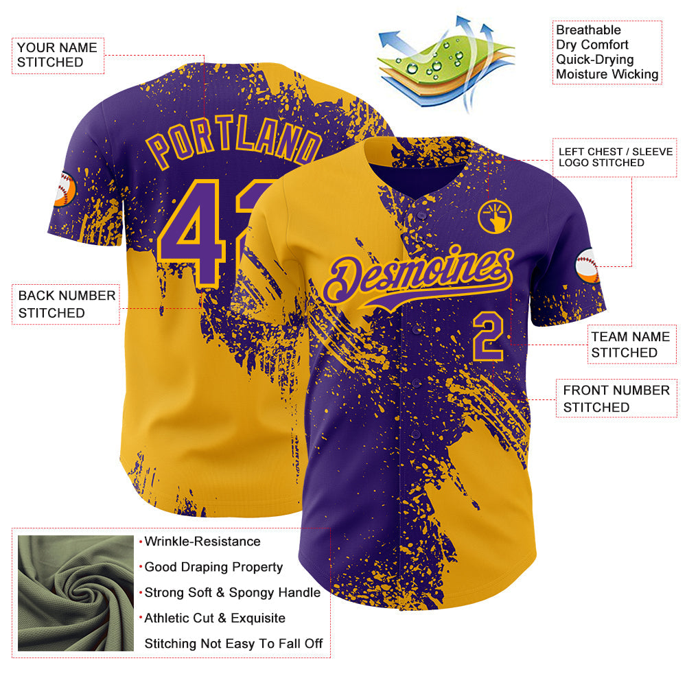 Custom Purple-Gold Abstract Brush Stroke Authentic Baseball Jersey
