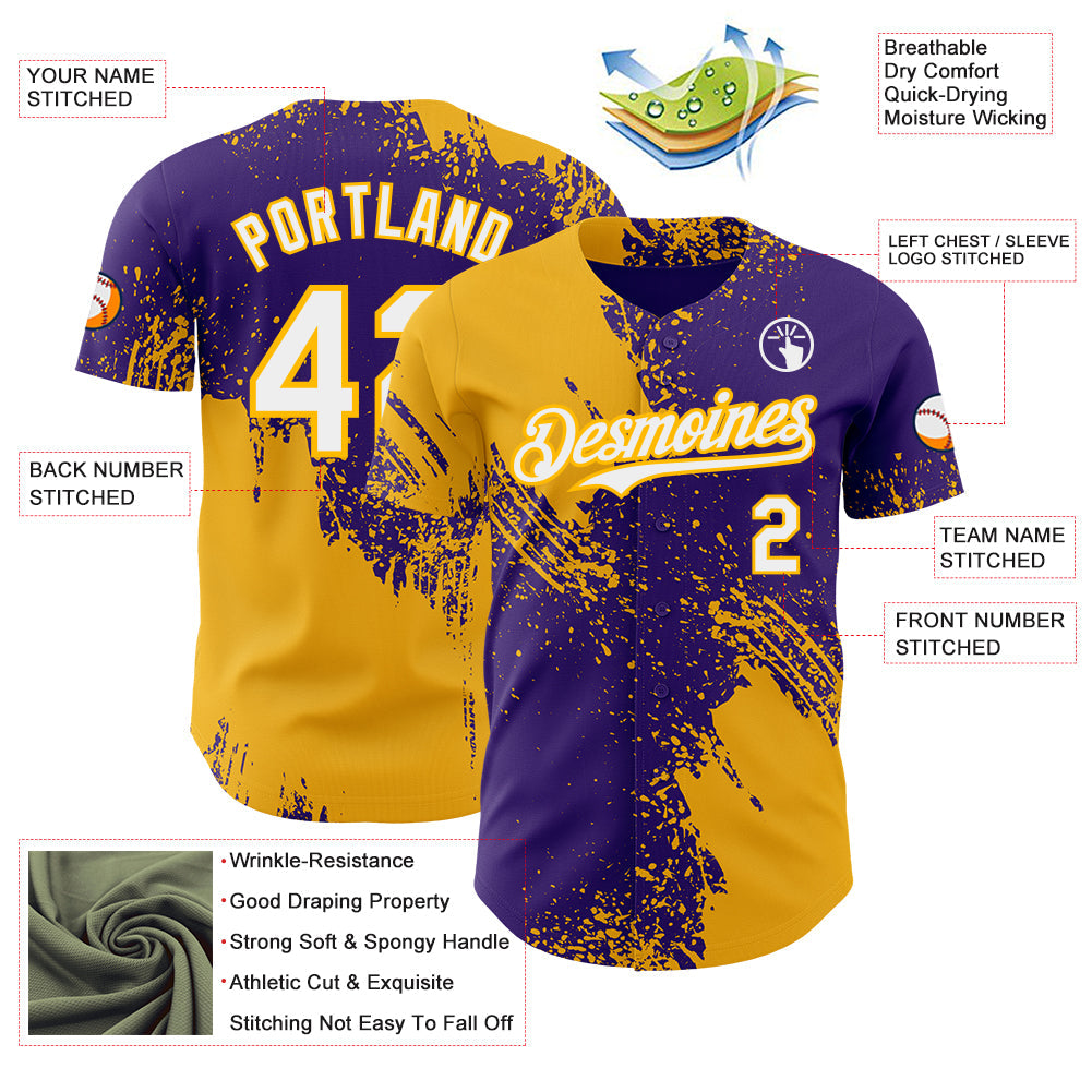 Custom Purple White-Gold Abstract Brush Stroke Authentic Baseball Jersey