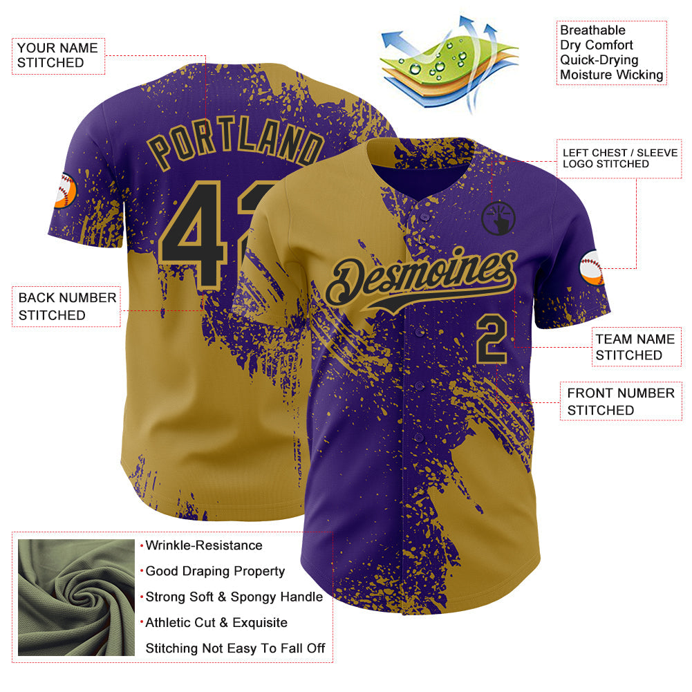 Custom Purple Black-Old Gold Abstract Brush Stroke Authentic Baseball Jersey