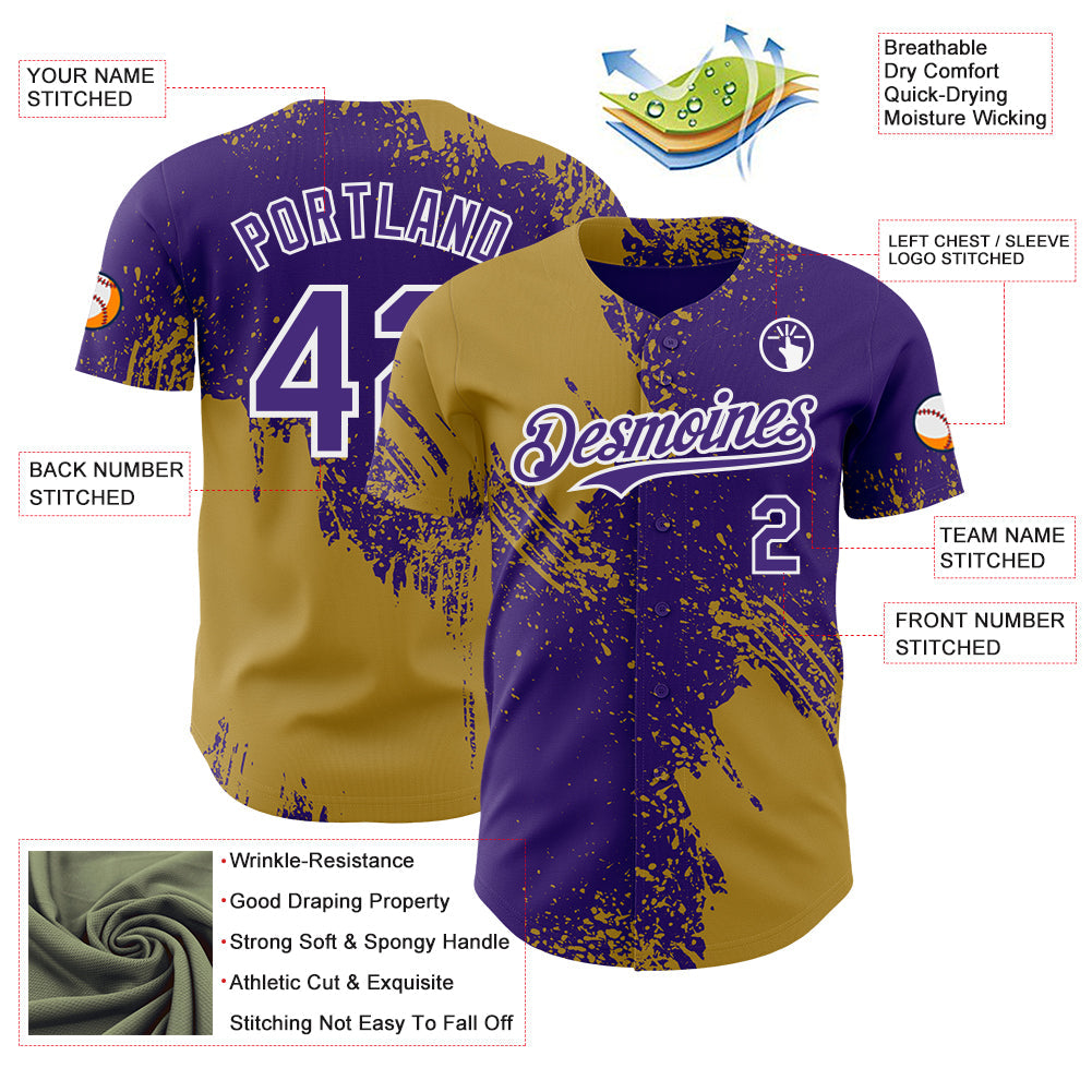 Custom Purple Old Gold-White Abstract Brush Stroke Authentic Baseball Jersey
