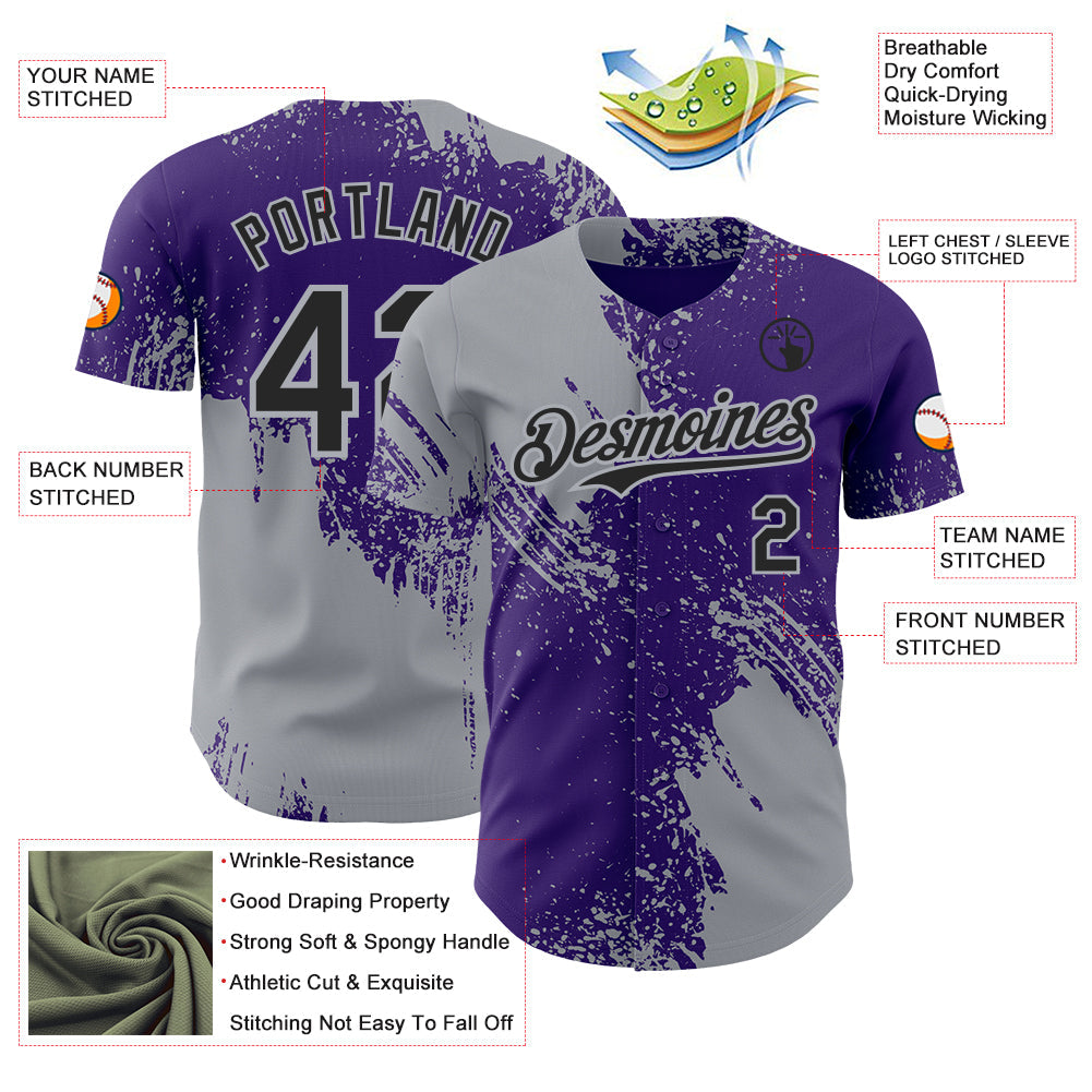 Custom Purple Black-Gray Abstract Brush Stroke Authentic Baseball Jersey
