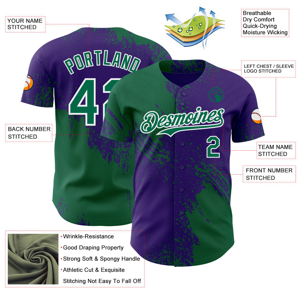 Custom Purple Kelly Green-White Abstract Brush Stroke Authentic Baseball Jersey