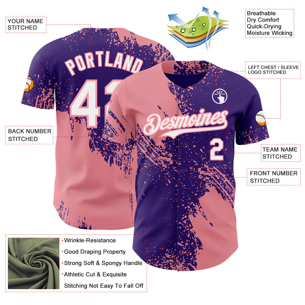 Custom Purple White-Medium Pink Abstract Brush Stroke Authentic Baseball Jersey
