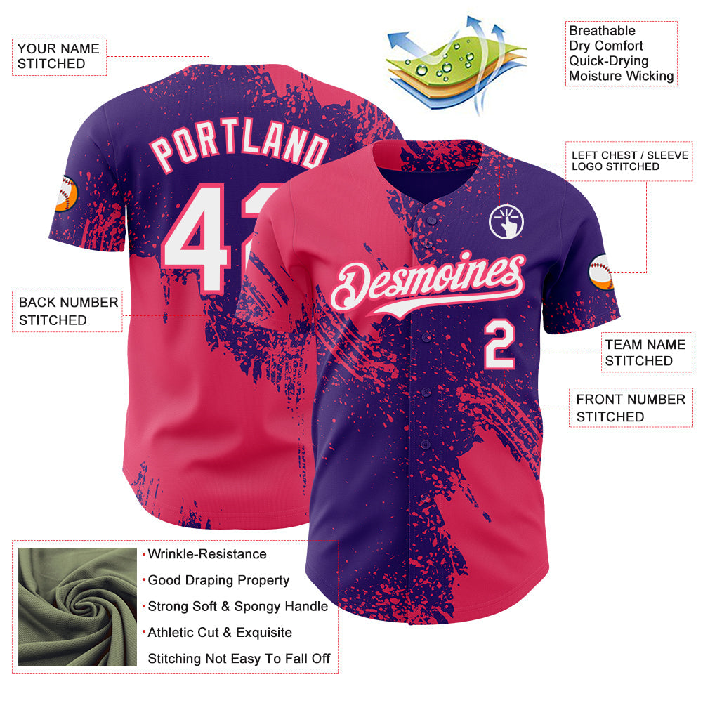 Custom Purple White-Neon Pink Abstract Brush Stroke Authentic Baseball Jersey