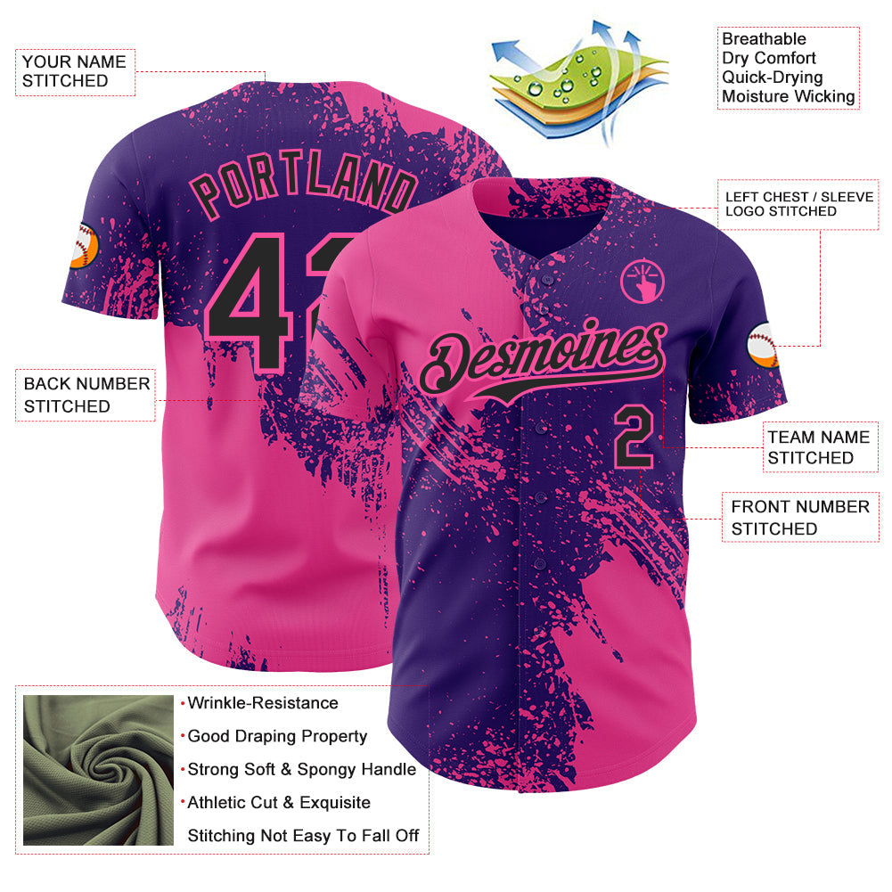 Custom Purple Black-Pink Abstract Brush Stroke Authentic Baseball Jersey