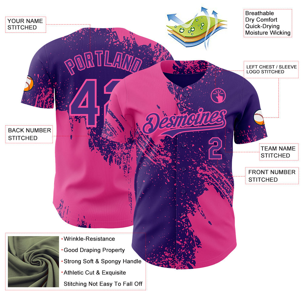 Custom Purple-Pink Abstract Brush Stroke Authentic Baseball Jersey