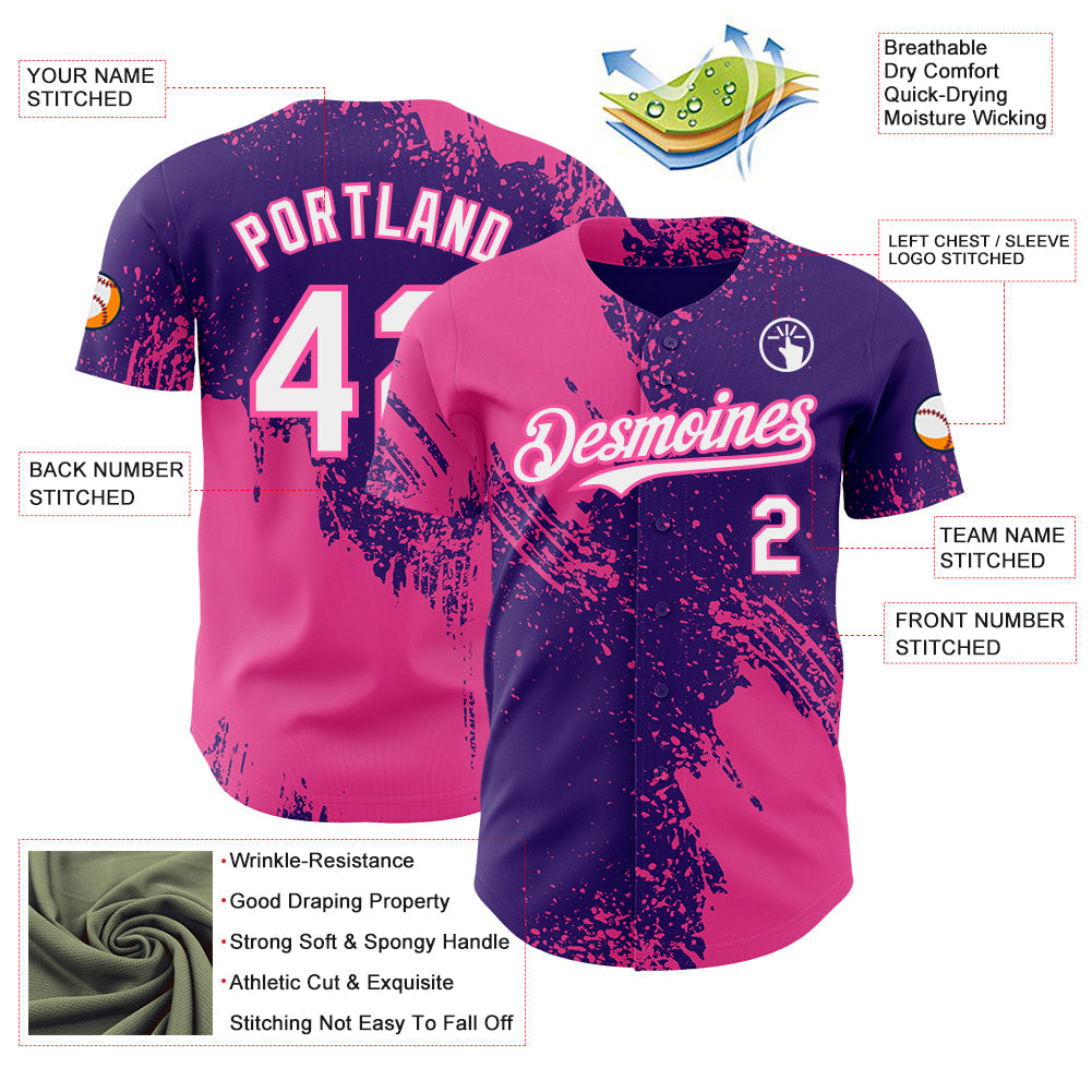 Custom Purple White-Pink Abstract Brush Stroke Authentic Baseball Jersey