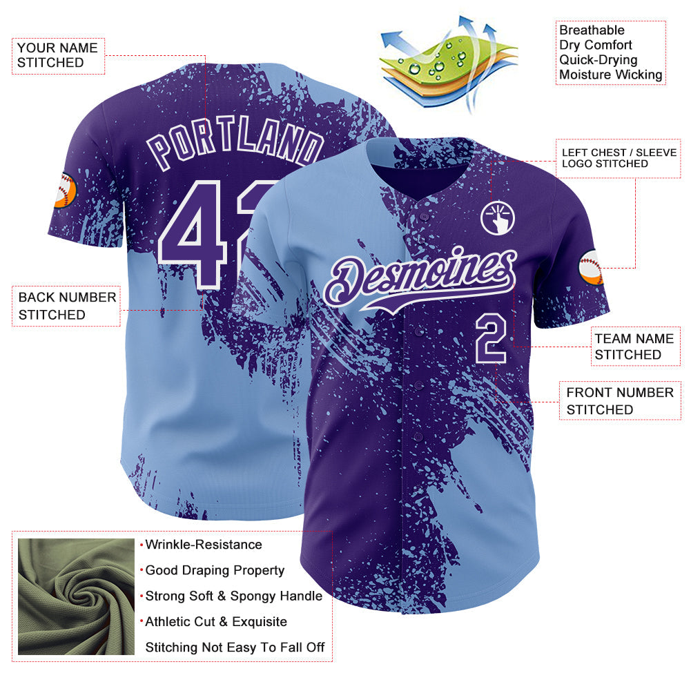 Custom Purple Light Blue-White Abstract Brush Stroke Authentic Baseball Jersey
