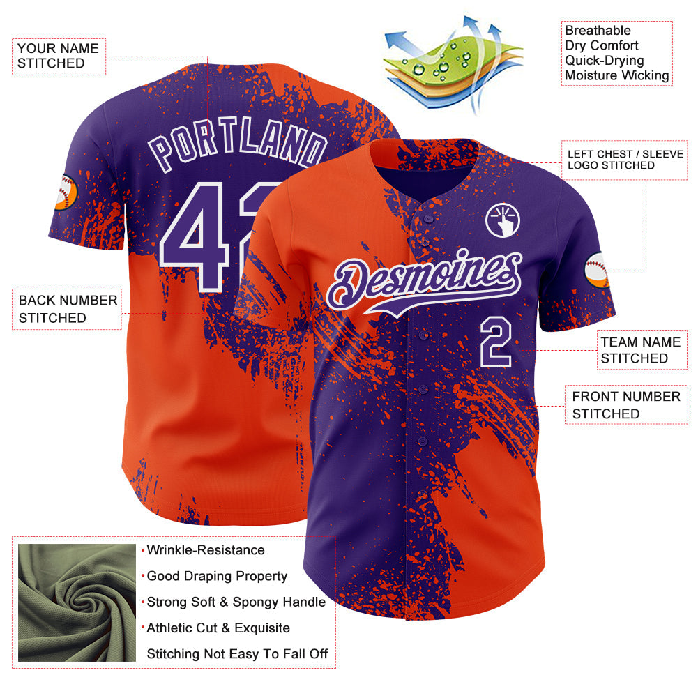 Custom Purple Orange-White Abstract Brush Stroke Authentic Baseball Jersey