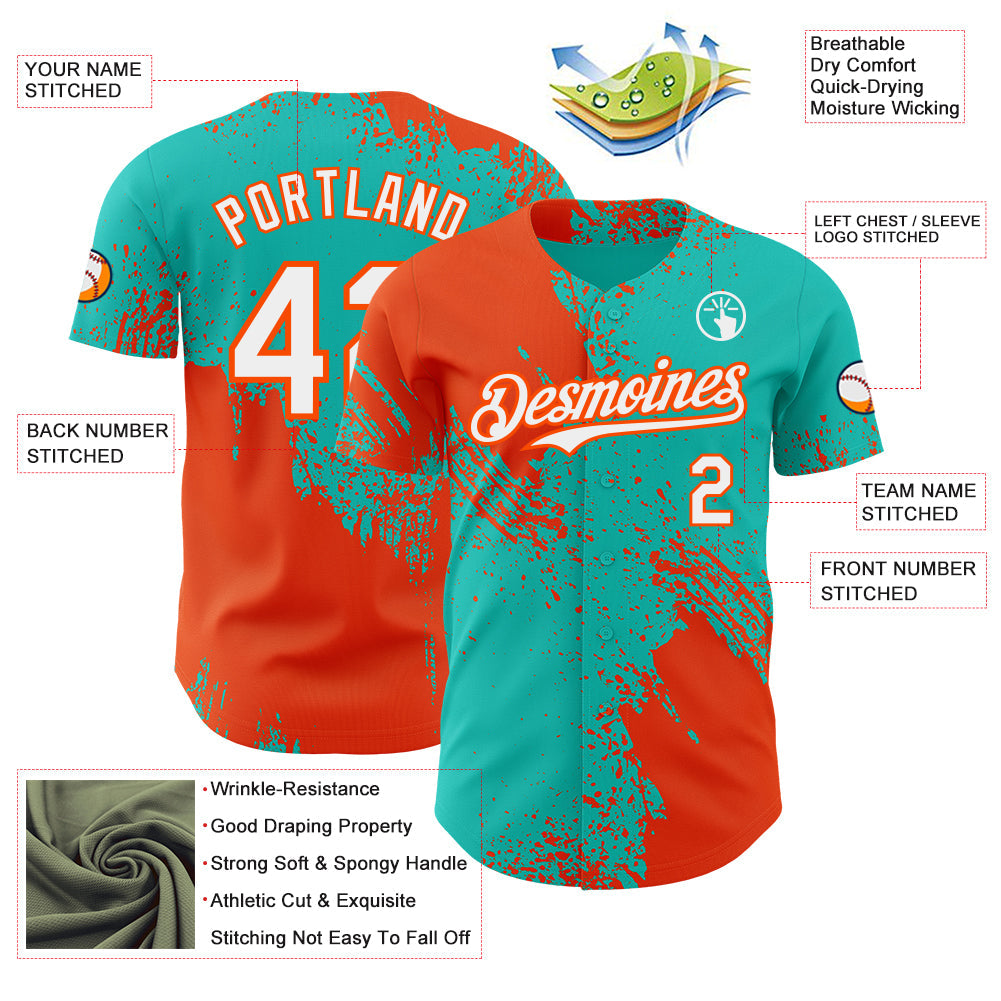 Custom Aqua White-Orange Abstract Brush Stroke Authentic Baseball Jersey