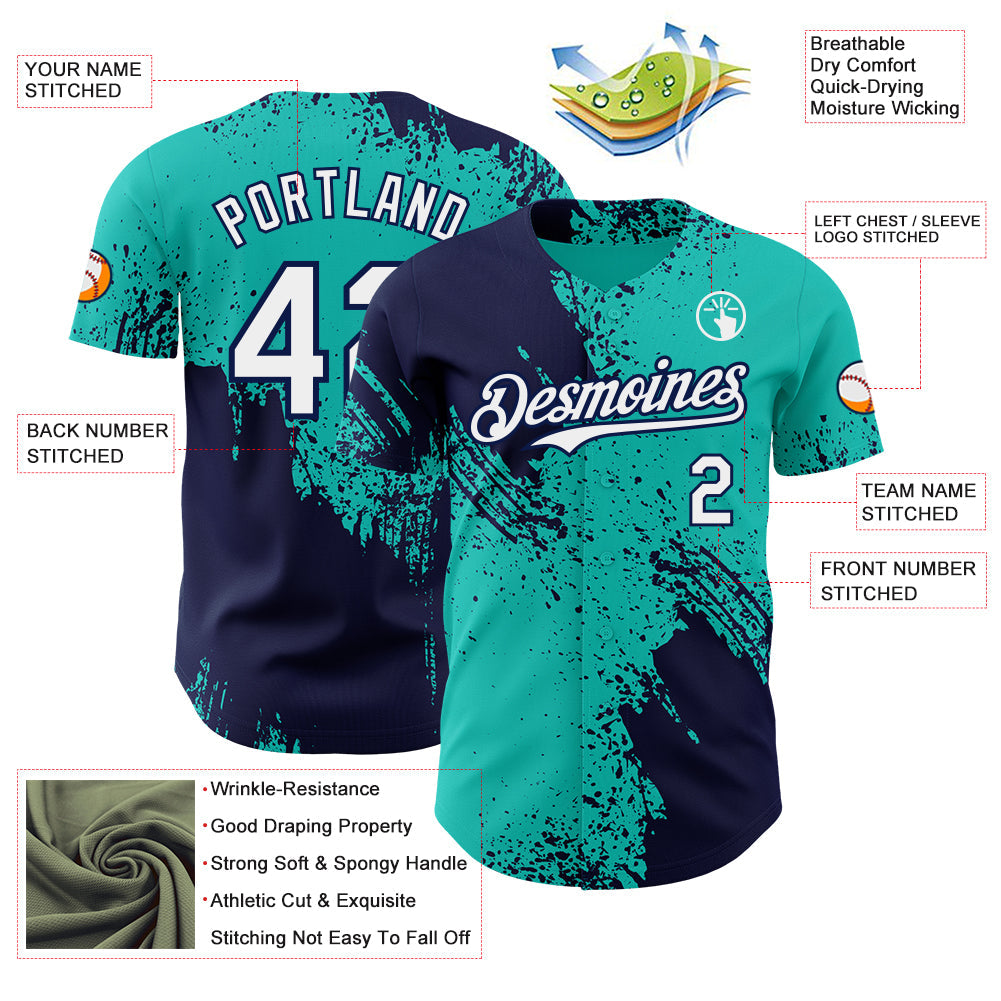 Custom Aqua White-Navy Abstract Brush Stroke Authentic Baseball Jersey