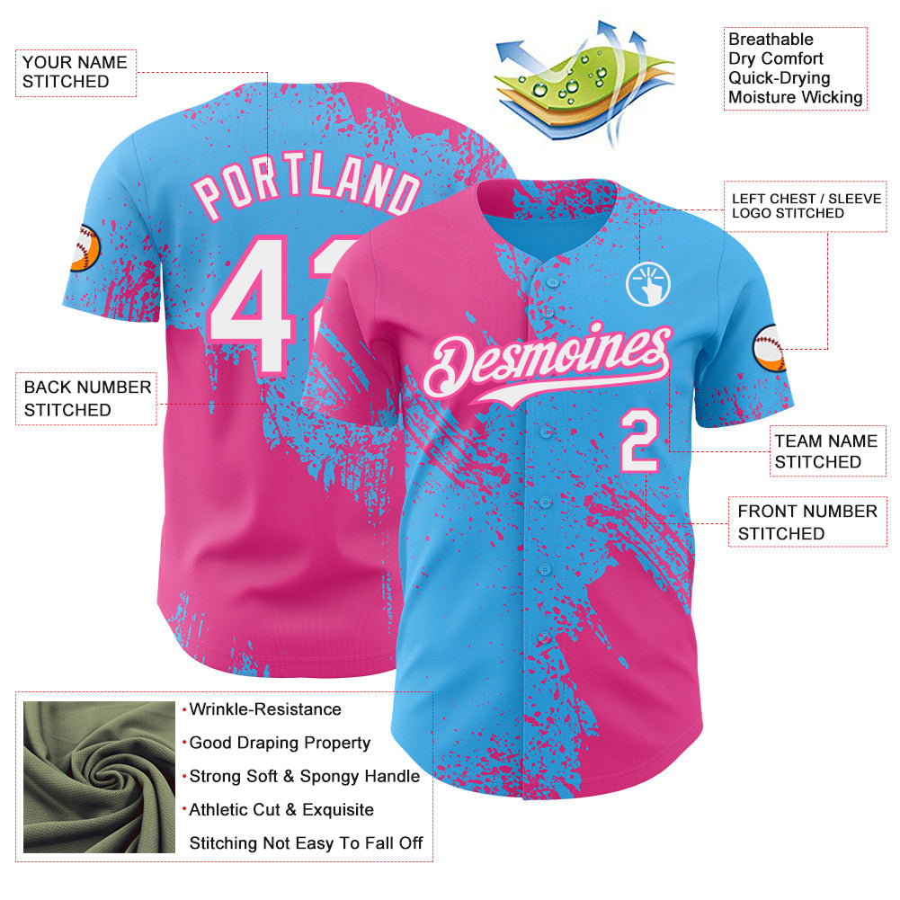 Custom Sky Blue White-Pink Abstract Brush Stroke Authentic Baseball Jersey