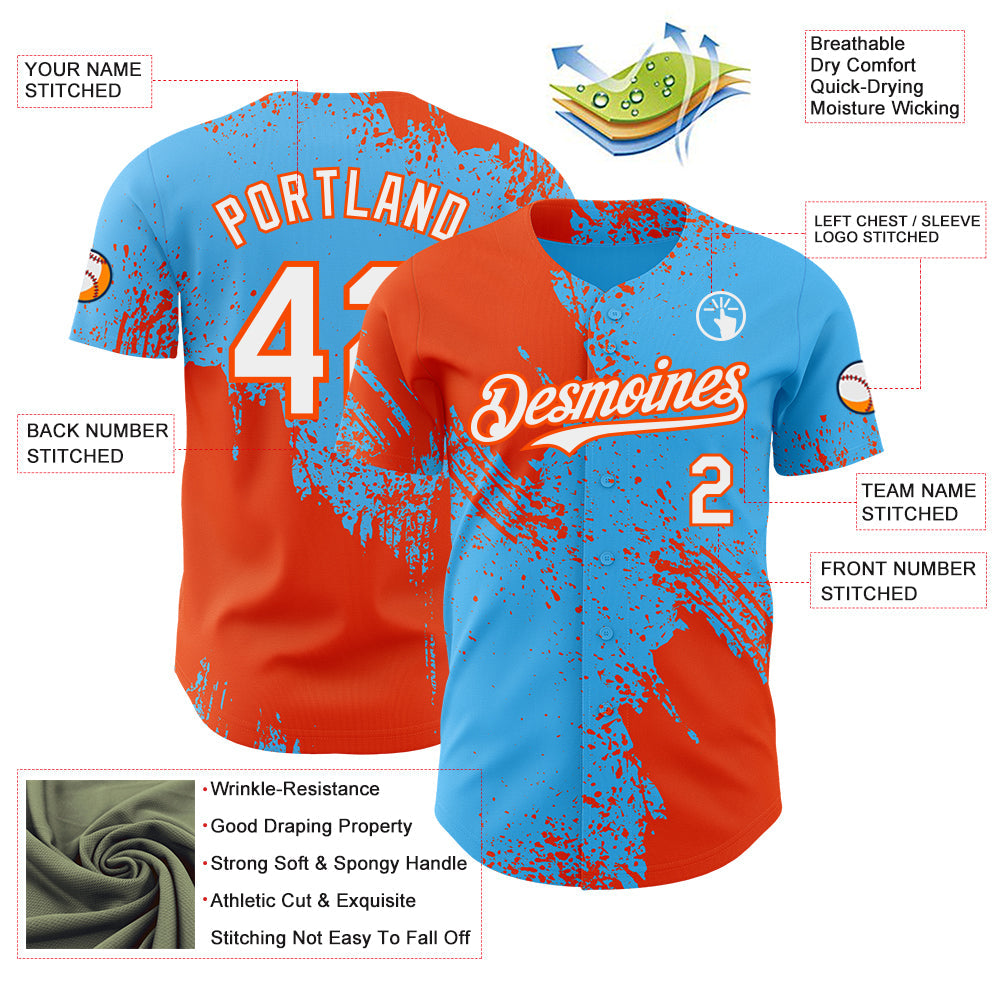 Custom Sky Blue White-Orange Abstract Brush Stroke Authentic Baseball Jersey