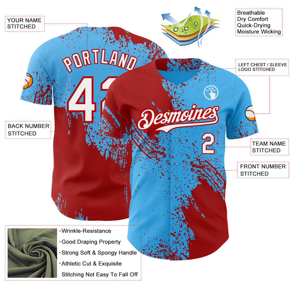 Custom Sky Blue White-Red Abstract Brush Stroke Authentic Baseball Jersey