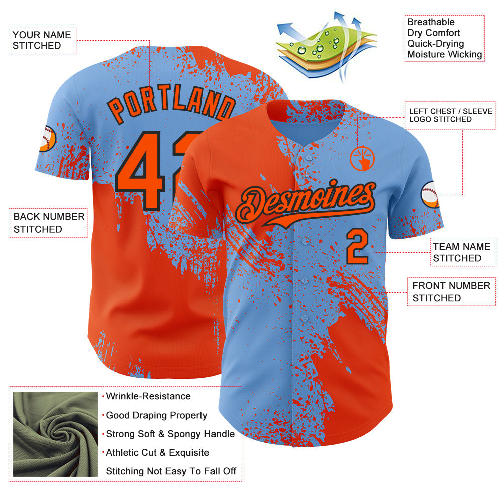 Custom Light Blue Orange-Black Abstract Brush Stroke Authentic Baseball Jersey