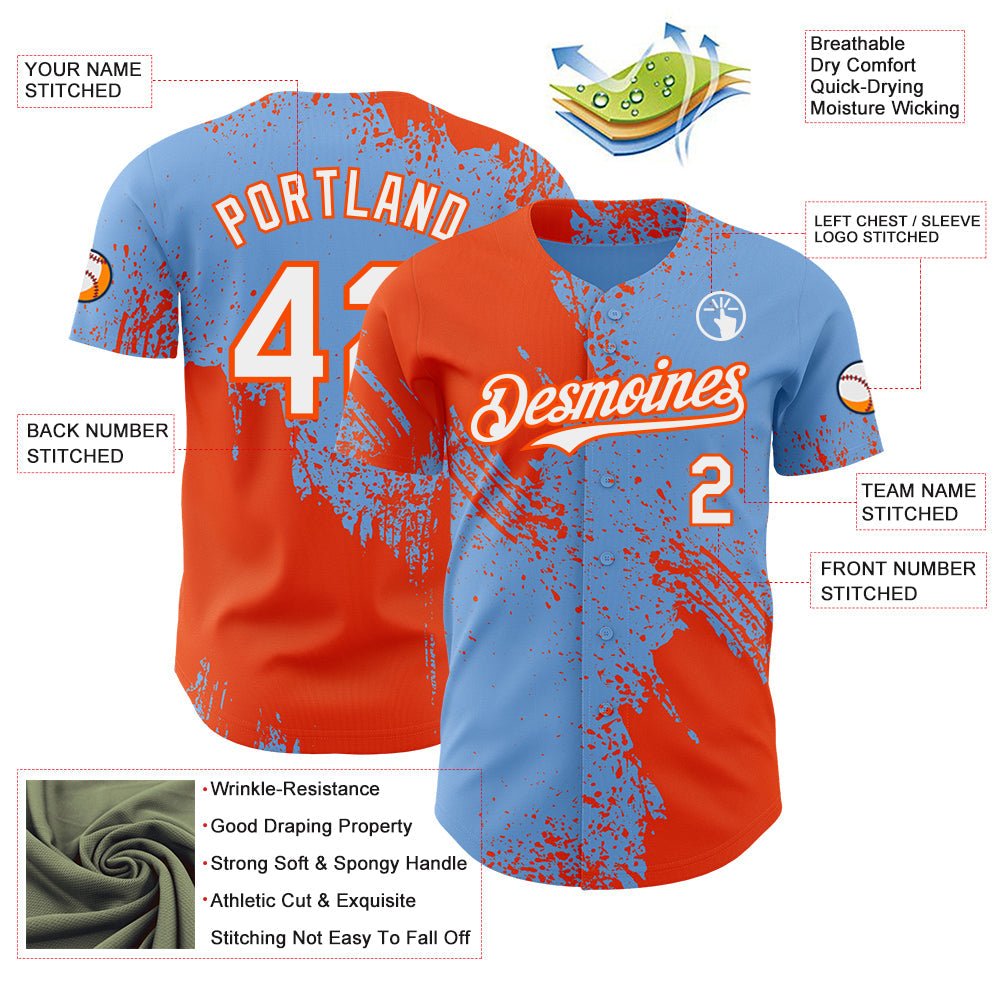 Custom Light Blue White-Orange Abstract Brush Stroke Authentic Baseball Jersey
