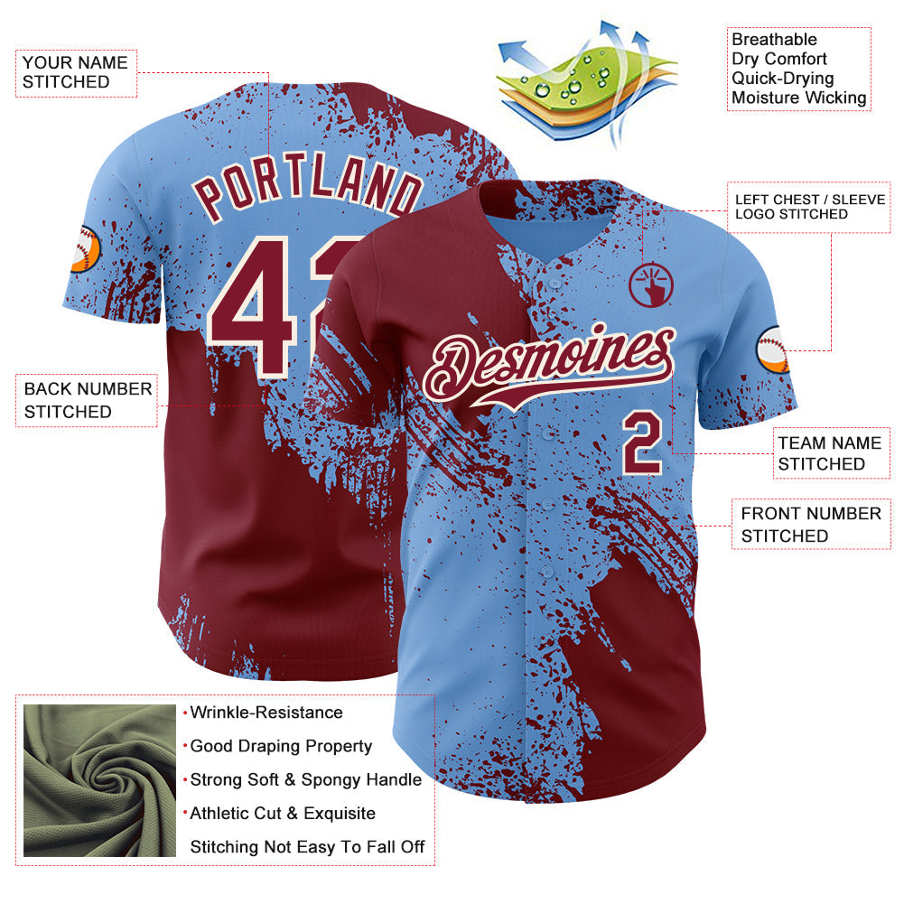 Custom Light Blue Crimson-Cream Abstract Brush Stroke Authentic Baseball Jersey