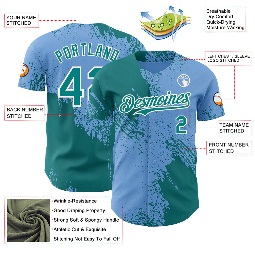 Custom Light Blue Teal-Cream Abstract Brush Stroke Authentic Baseball Jersey