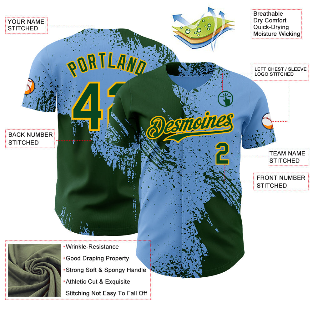 Custom Light Blue Green-Gold Abstract Brush Stroke Authentic Baseball Jersey